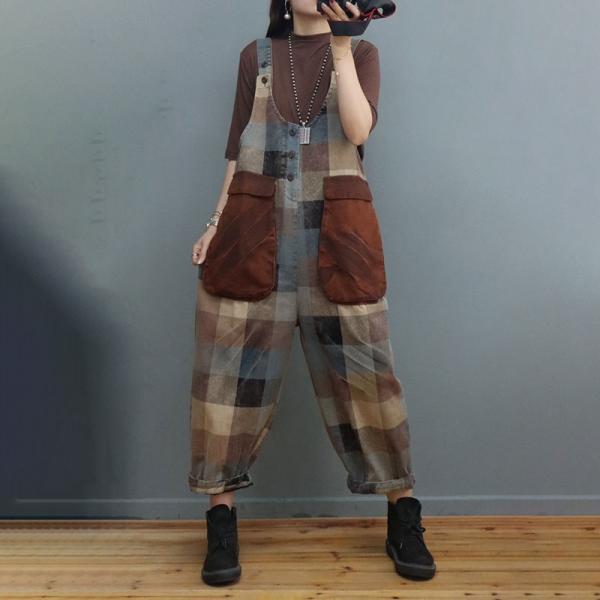 Large Pockets Plaid Overalls U-Neck Vintage Checker Dungarees