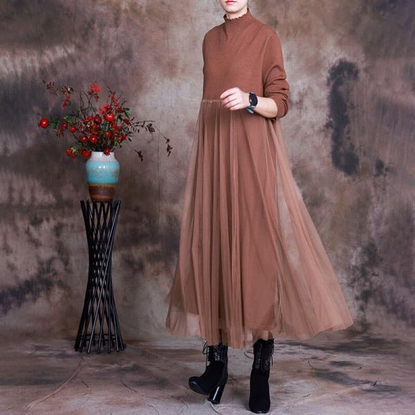 Stand Collar Gauze Sweater Dress Plain Loose Knitting Dress