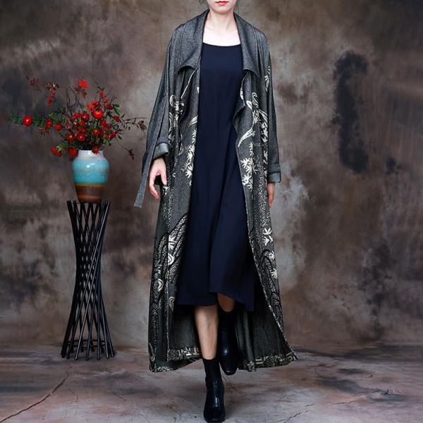 Cotton Printed Duster Coat Plus Size Gray Elegant Trench Coat