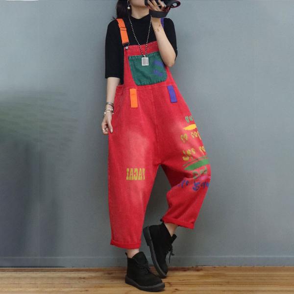 Patch Pockets Letter Painted Overalls Adjustable Straps Dungarees