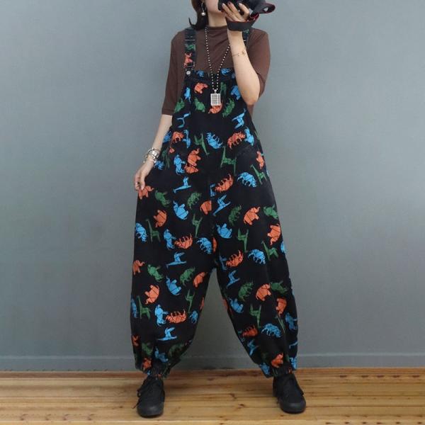 Animal Prints Colorful Painted Overalls Balloon Legs Black Dungarees