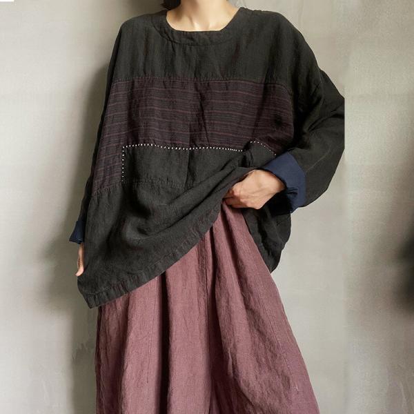 Embroidered Lines Linen T-shirt Long Sleeves Slouchy Pullover