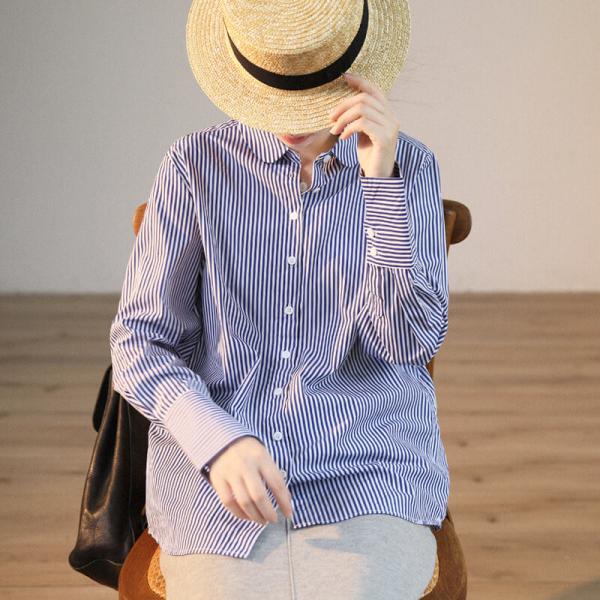 Vertical Striped Blue Shirt Long Sleeves Cotton Shirt for Women