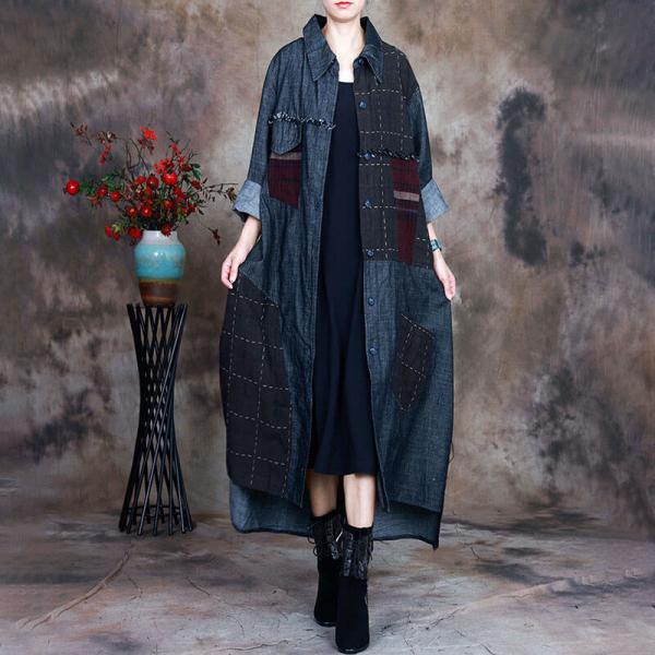 Polo Neck Plaid Patchwork Denim Coat Plus Size Cotton Coat