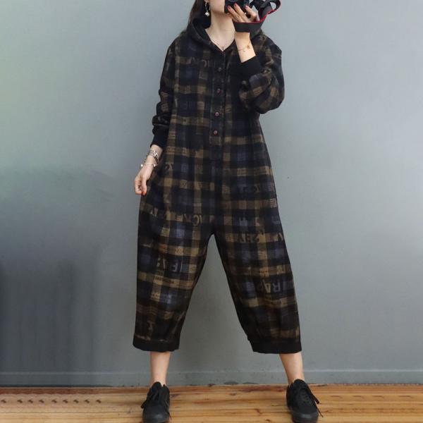 Back Flap Pockets Black Jumpsuits Checkered Hooded Coveralls