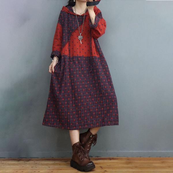 Relax-Fit Cotton Linen Hooded Dress Dotted and Plaid Dress