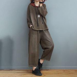 Cotton Striped Pullover Hoodie with Loose Straight Leg Pants