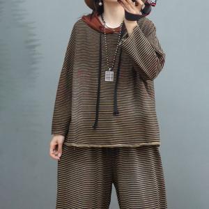 Cotton Striped Pullover Hoodie with Loose Straight Leg Pants