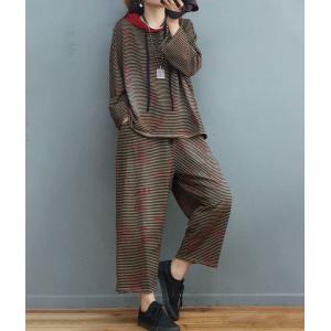 Cotton Striped Pullover Hoodie with Loose Straight Leg Pants