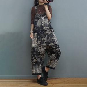 Adjustable Straps Letter Overalls Abstract Printed Stone Wash Overalls