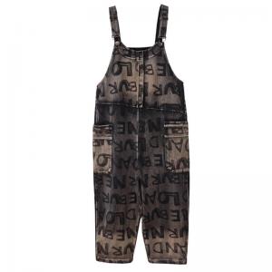 Adjustable Straps Letter Overalls Abstract Printed Stone Wash Overalls