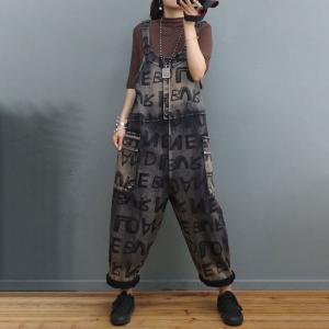 Adjustable Straps Letter Overalls Abstract Printed Stone Wash Overalls