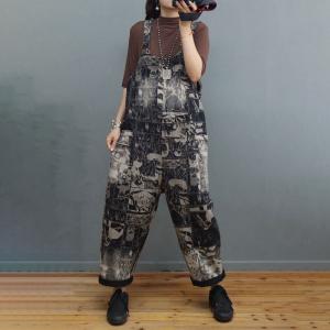 Adjustable Straps Letter Overalls Abstract Printed Stone Wash Overalls