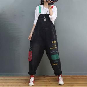 Street Style Letter Embroidery Overalls 90s Adjustable Straps Overalls