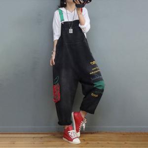 Street Style Letter Embroidery Overalls 90s Adjustable Straps Overalls