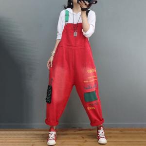 Street Style Letter Embroidery Overalls 90s Adjustable Straps Overalls
