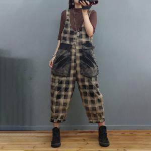 Large Pockets Plaid Overalls U-Neck Vintage Checker Dungarees