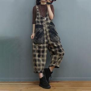 Large Pockets Plaid Overalls U-Neck Vintage Checker Dungarees