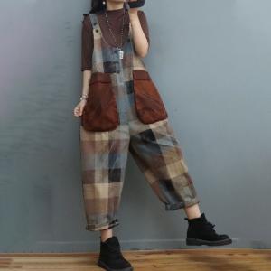 Large Pockets Plaid Overalls U-Neck Vintage Checker Dungarees