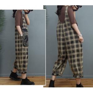 Large Pockets Plaid Overalls U-Neck Vintage Checker Dungarees