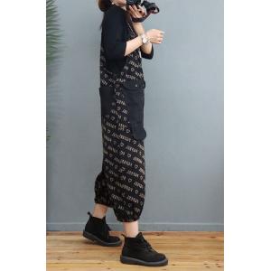 Black Pockets Letter 90s Overalls Balloon Legs Jean Dungarees