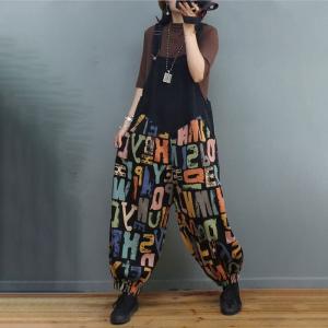 Colorful Letter Prints Baggy Overalls Adjustable Straps Farmer Overalls