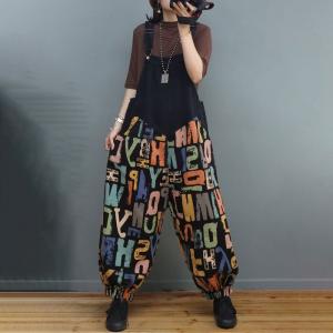 Colorful Letter Prints Baggy Overalls Adjustable Straps Farmer Overalls