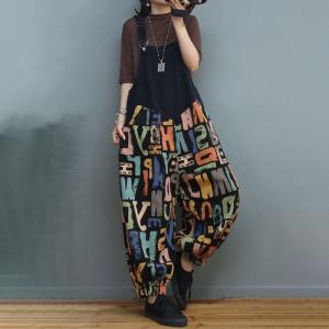 Colorful Letter Prints Baggy Overalls Adjustable Straps Farmer Overalls