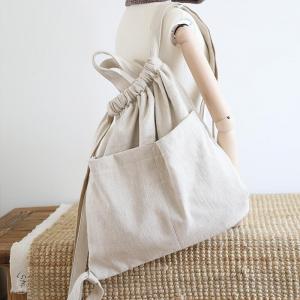 Chunky Linen Drawstring Backpack Beige Womens Satchel