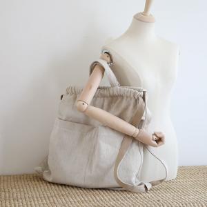 Chunky Linen Drawstring Backpack Beige Womens Satchel