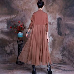 Stand Collar Gauze Sweater Dress Plain Loose Knitting Dress