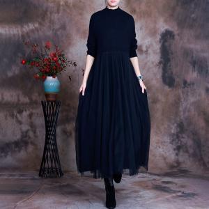 Stand Collar Gauze Sweater Dress Plain Loose Knitting Dress