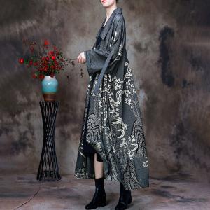 Cotton Printed Duster Coat Plus Size Gray Elegant Trench Coat