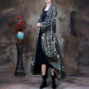 Cotton Printed Duster Coat Plus Size Gray Elegant Trench Coat