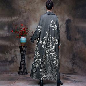 Cotton Printed Duster Coat Plus Size Gray Elegant Trench Coat