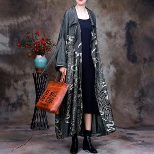 Cotton Printed Duster Coat Plus Size Gray Elegant Trench Coat