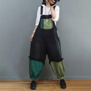 Green Contrast Plus Size Overalls Fringed Stone Wash 90s Overalls