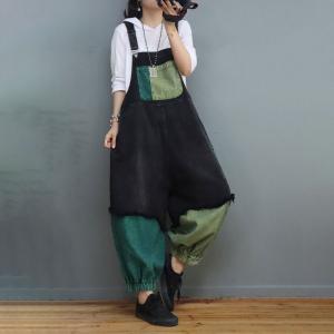 Green Contrast Plus Size Overalls Fringed Stone Wash 90s Overalls