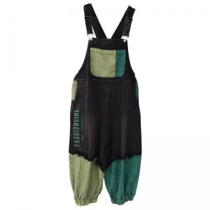 Green Contrast Plus Size Overalls Fringed Stone Wash 90s Overalls