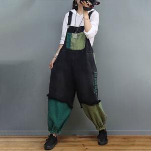 Green Contrast Plus Size Overalls Fringed Stone Wash 90s Overalls