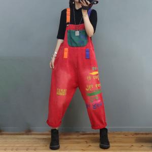 Patch Pockets Letter Painted Overalls Adjustable Straps Dungarees