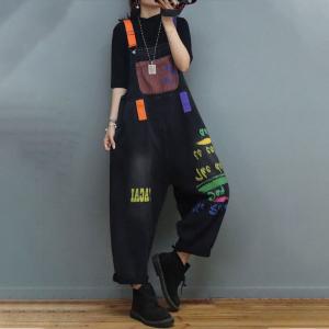 Patch Pockets Letter Painted Overalls Adjustable Straps Dungarees