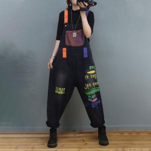 Patch Pockets Letter Painted Overalls Adjustable Straps Dungarees