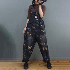 Artistic Letter Black Overalls Baggy-Fit Farmer Bib Overalls