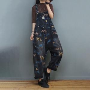 Artistic Letter Black Overalls Baggy-Fit Farmer Bib Overalls