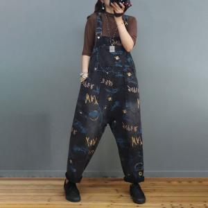 Artistic Letter Black Overalls Baggy-Fit Farmer Bib Overalls