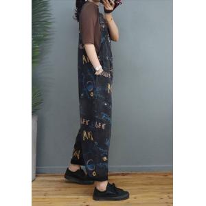 Artistic Letter Black Overalls Baggy-Fit Farmer Bib Overalls