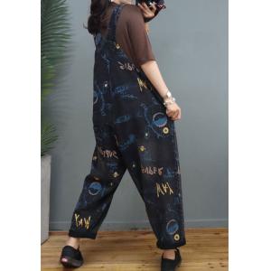 Artistic Letter Black Overalls Baggy-Fit Farmer Bib Overalls