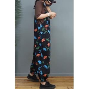 Animal Prints Colorful Painted Overalls Balloon Legs Black Dungarees