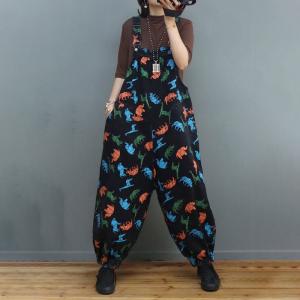 Animal Prints Colorful Painted Overalls Balloon Legs Black Dungarees